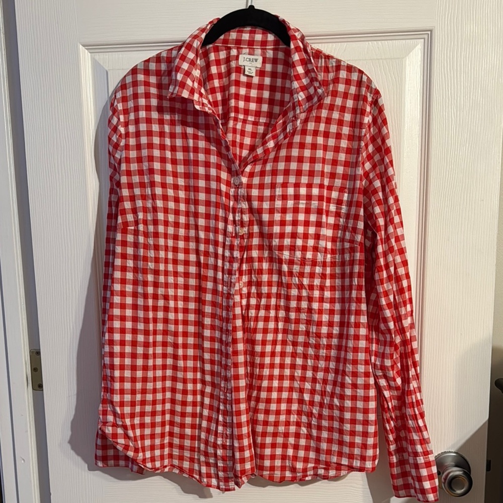 J. Crew Red and White Gingham Button Down Shirt